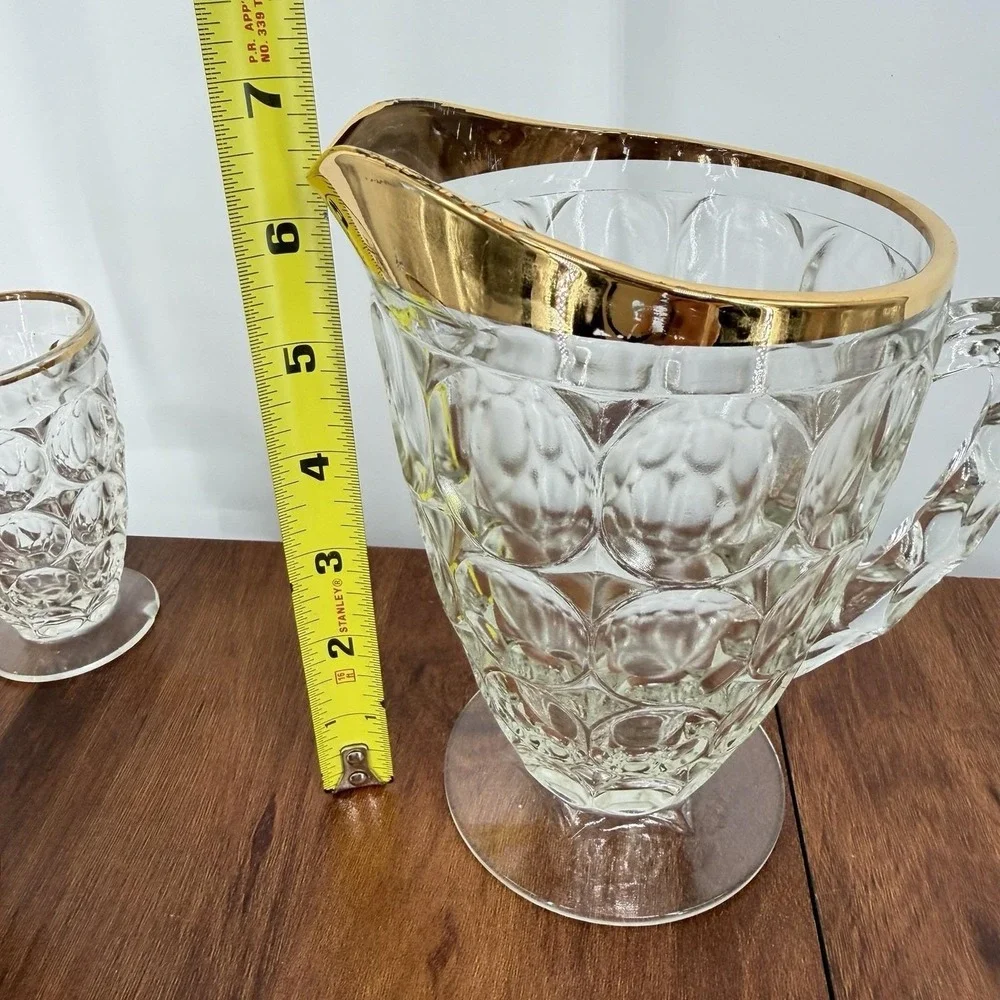 VTG Jeannette Thumbprint Gold Trim Juice Glasses Pitcher Tray Set Mid Century